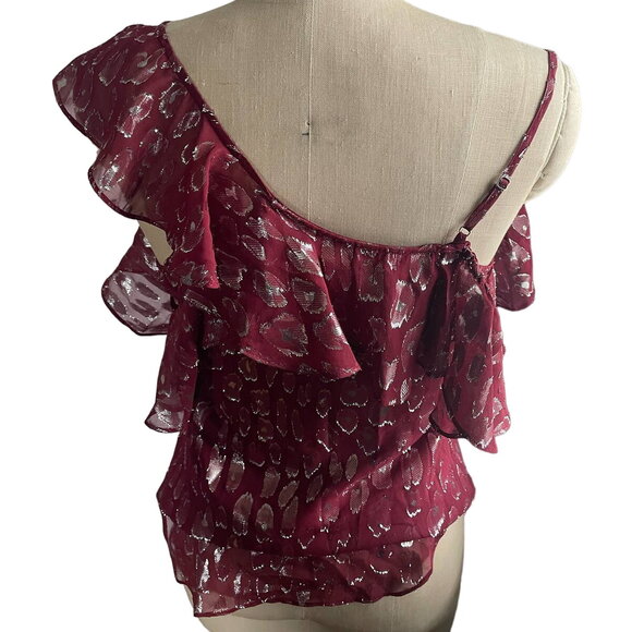 Veronica Beard Benton Leopard Burgundy & Silver Ruffle Top Blouse Size 4 - Picture 4 of 8